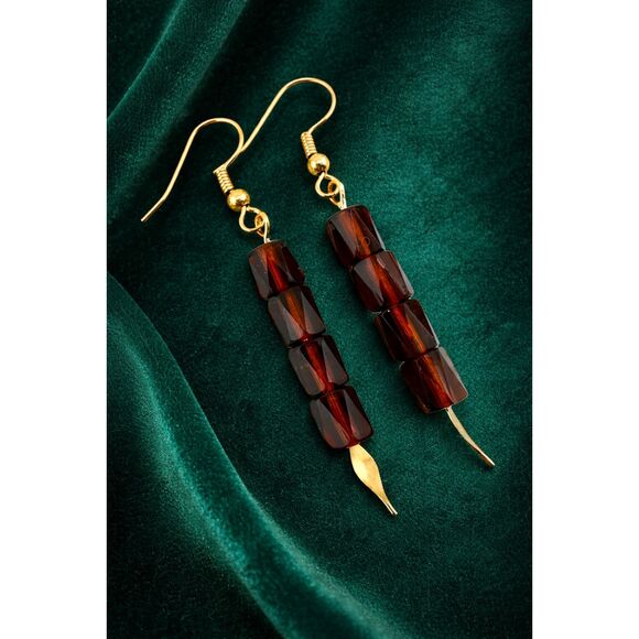 Hand Crafted Jewelry - Amber Brown Czech Glass Earrings Gold Plated Faceted Dangle Minimalist Handmade